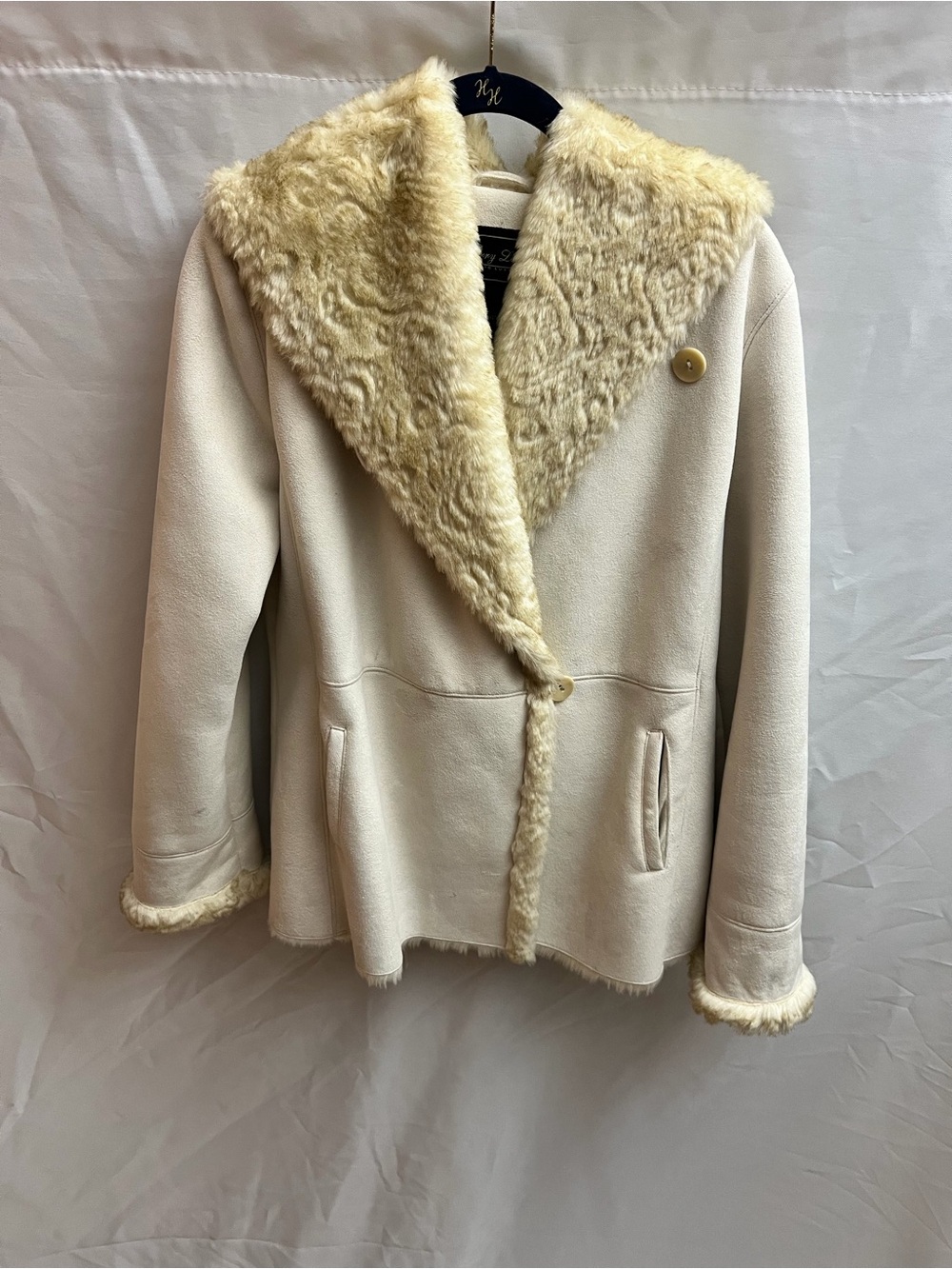 Terry Lewis Classic Luxuries Faux Shearling Fur Trim Coat Jacket XS Cream